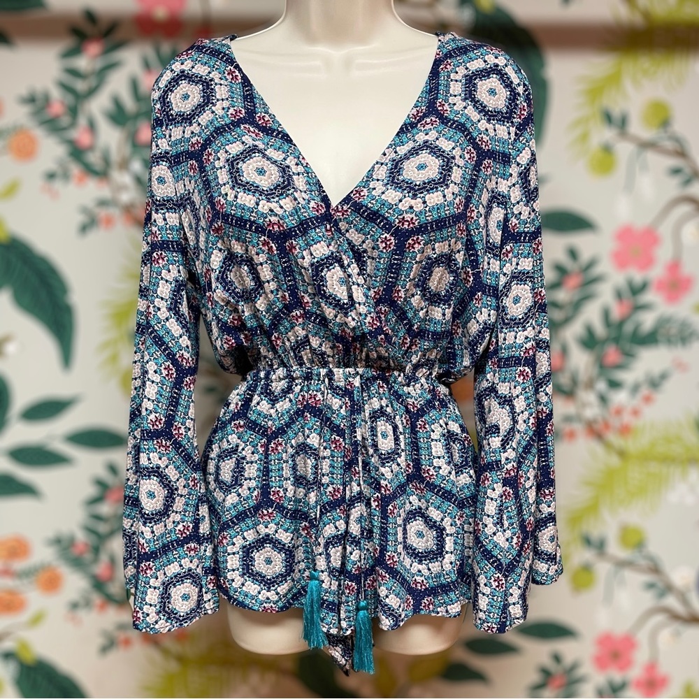 Lulu’s All In Orbit Teal Print Long-Sleeve Romper